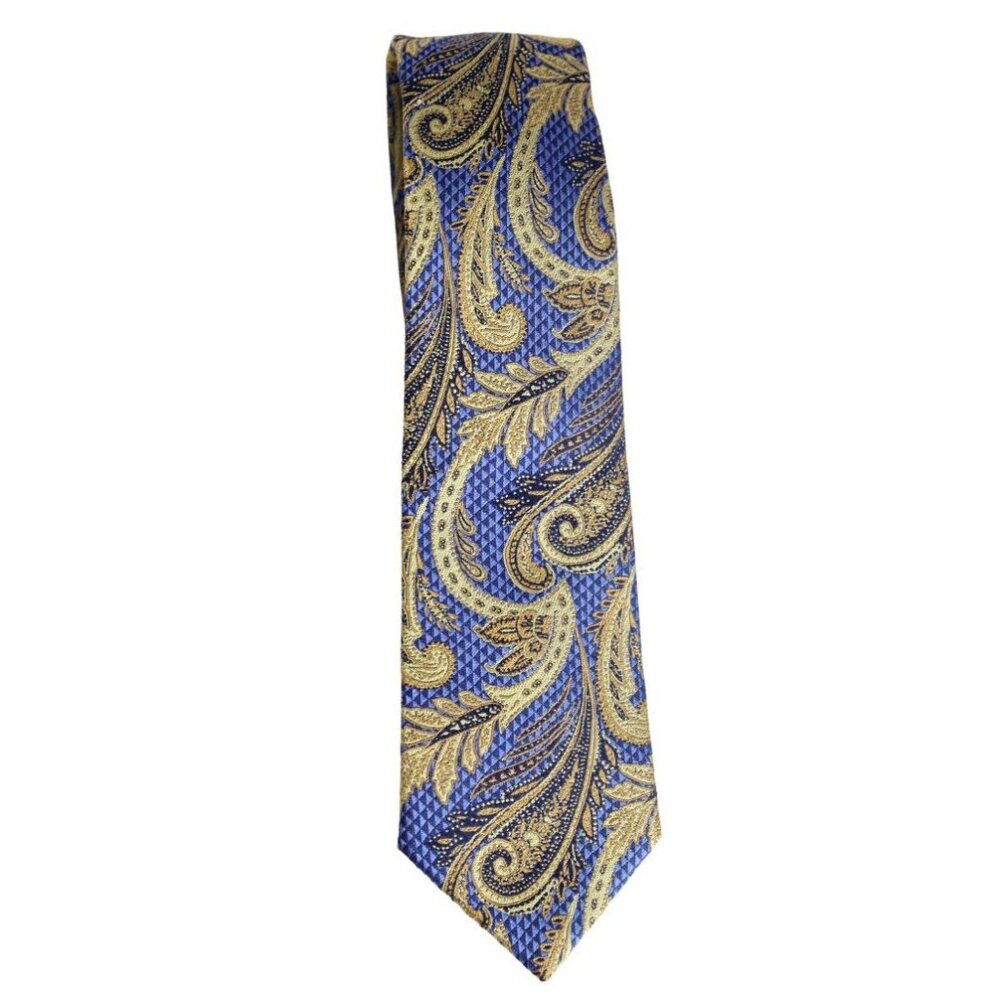 STRAUSS Men's Tie 2.75" Wide, 100% Silk - Gold, Med Blue & Navy Blue Paisley